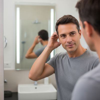 Uomo davanti allo specchio con capelli che appaiono più folti