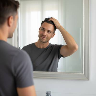 Uomo sui 40 anni in bagno mentre si guarda allo specchio e si passa una mano tra i capelli