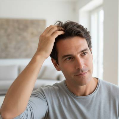 Uomo di circa 40 anni in salotto luminoso che sistema i capelli davanti alla fotocamera