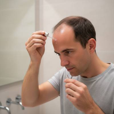 Uomo in bagno con flacone in mano mentre applica alcune gocce sul cuoio capelluto