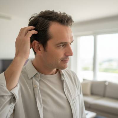 Uomo con giacca casual rientrato dal lavoro che si guarda di lato e mostra capelli più curati