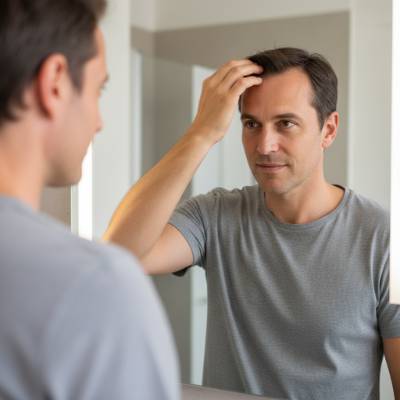 Uomo 40 anni in bagno minimal mentre controlla l'attaccatura e poi sorride soddisfatto