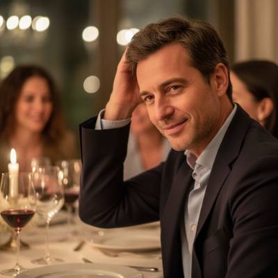 Uomo elegante a cena con amici di sera che sorride e tocca i capelli con naturalezza