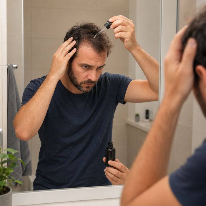 Uomo che applica il siero Esocrease Hair sulla cute