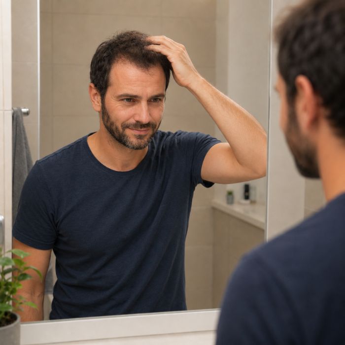 Uomo soddisfatto allo specchio con capelli che appaiono più pieni